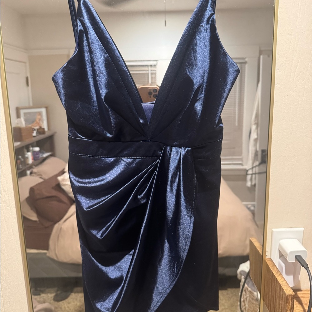 Luxxel Navy Blue Satin Jumpsuit
